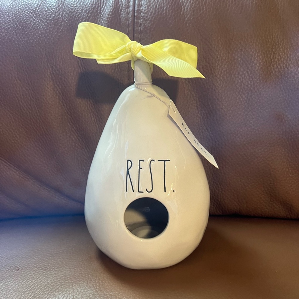 RAE DUNN FEATHER TEAR DROP REST BIRDHOUSE YELLOW RIBBON